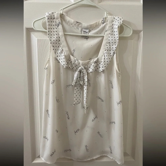 LC Lauren Conrad Disney White Sleeveless XS Blouse Bow & Minnie Mickey - Picture 2 of 10